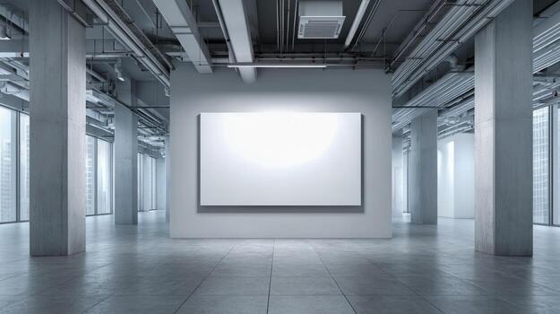 minimalista industrial espacio con blanco blanco lona para Arte exposición y presentación monitor Bosquejo foto