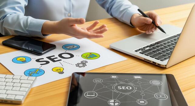 SEO Strategy Meeting Hands On Approach to Digital Marketing on Laptop and Tablet photo