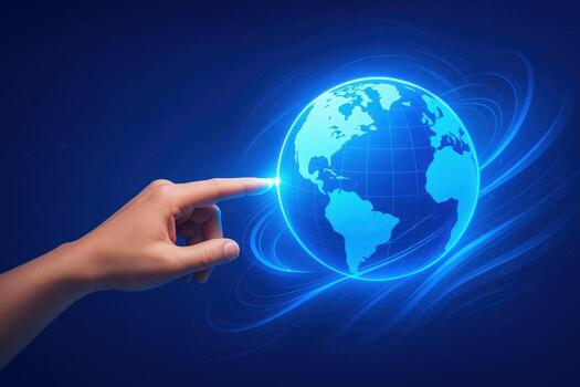 Global Network Connection Hand Touching Digital Earth Globe Displaying Worldwide Communication and Technology Concept on Blue Background photo