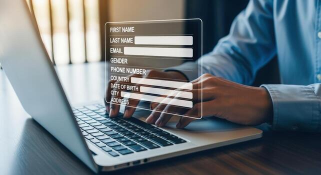 Online Form Completion Person Filling Out Digital Form on Laptop for Data Submission photo