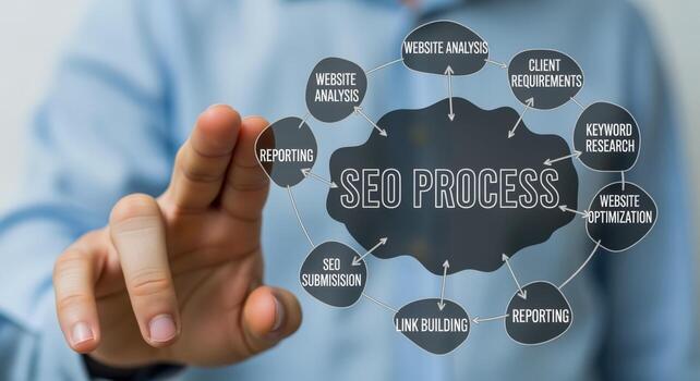 SEO Process Visualization Hand Pointing at Digital Marketing Strategy and Optimization Workflow for Business Growth photo