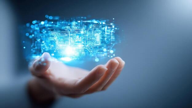 Persons Hand Holding Holographic Projection of a Futuristic Circuit Board Illustrating Data and Technology photo
