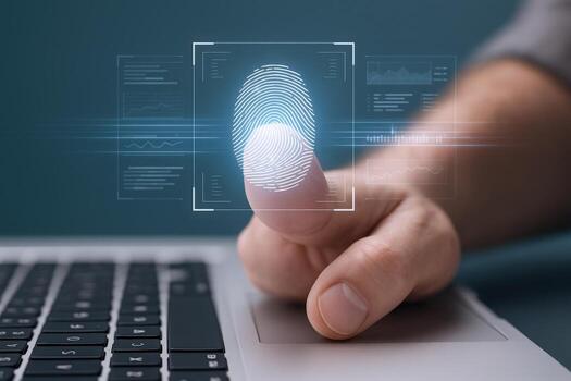 Fingerprint Scan on Laptop for Secure Access Biometric Authentication and Digital Identity Verification photo