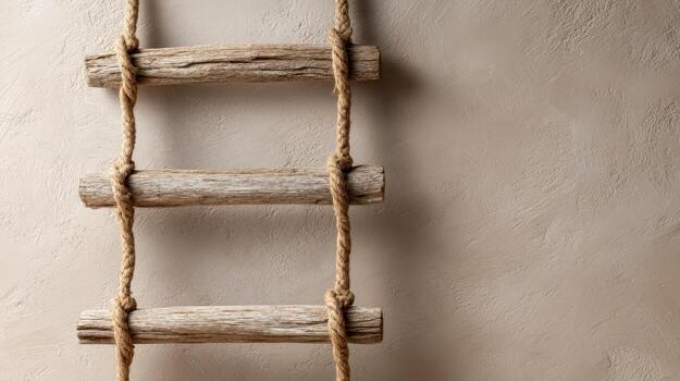Rustic Rope Ladder Against Textured Wall Background, Symbolizing Progress, Challenge, and Vertical Movement, Studio Shot photo
