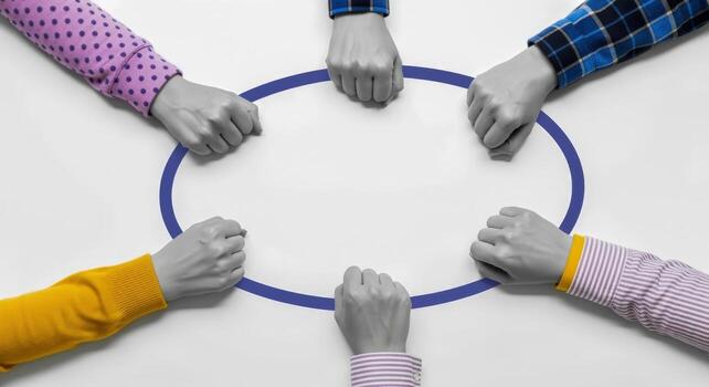 Diverse Hands Joining Together Around a Circle for Collaboration, Unity, and Shared Goals on White Background photo