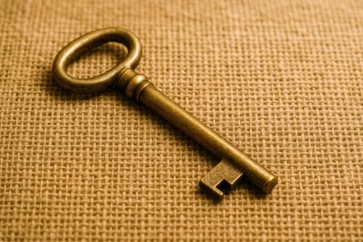 Antique Key on Burlap Background Vintage Security, Solution, and Mystery Still Life photo
