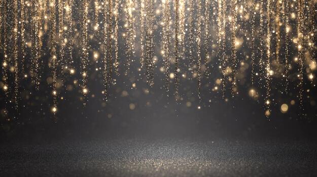 Golden Glittering Particle Stream on Dark Gradient Background - Glamorous Backdrop for Celebrations and Festive Events photo