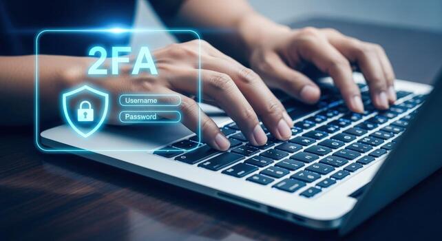 Two-Factor Authentication Security Person Typing on Laptop Protecting Online Accounts with 2FA Verification System photo