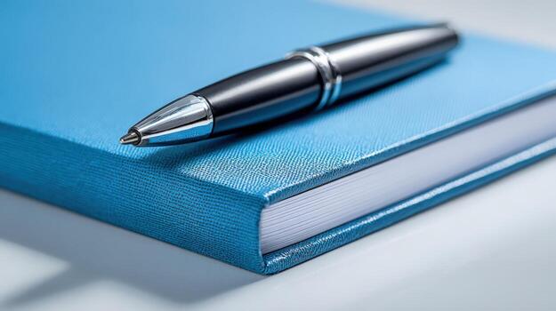 Elegant Pen Resting on a Blue Notebook, Symbolizing Creativity, Writing, and Professionalism in Close-Up photo