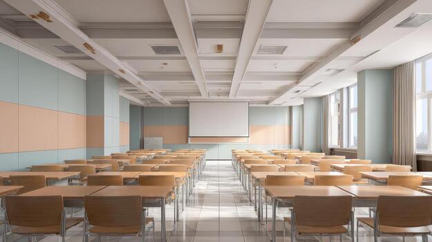 Empty Classroom Interior with Rows of Desks, Projector Screen, and Natural Light for Educational or Presentation Purposes photo