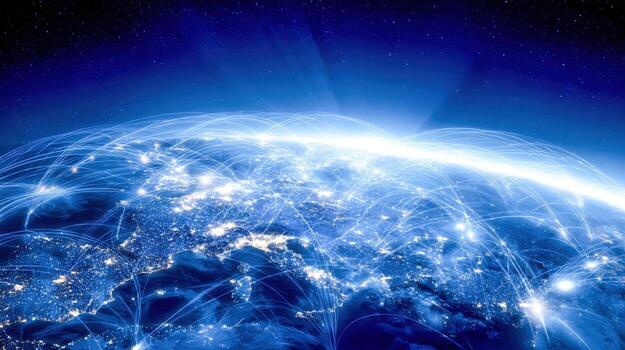 Global Communication Network Illuminates Earth, Connecting Continents with Digital Infrastructure and Technological Advancement for Business photo