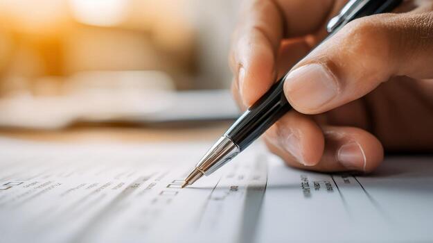 Close-up of Hand Filling Out Form with Pen for Business or Personal Applications photo