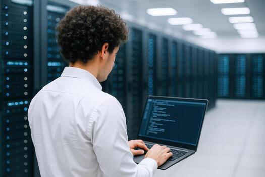 IT Professional Working on Laptop in Data Center Server Room Analyzing Information photo