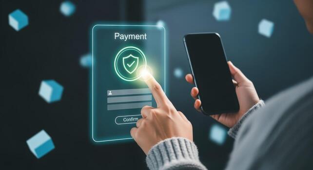 Secure Mobile Payment Person Using Smartphone to Authenticate Online Transaction with Digital Interface photo