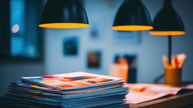 Printing Press Materials Stack of Color Printouts on Desk with Pendant Lights in Creative Workspace photo