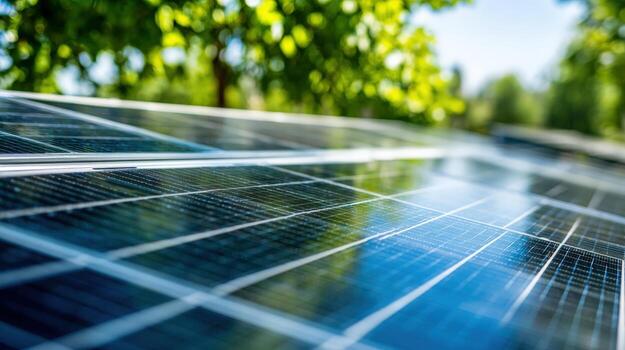 solar panel formación generando limpiar energía debajo un verde pabellón, enfocado en sustentabilidad y renovable poder foto