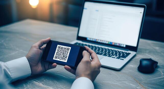 Scanning QR Code with Smartphone for Online Access and Digital Transformation on Marble Table photo