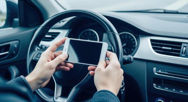 Driver Using Smartphone While Driving Car, Unsafe Driving Habits, Transportation Technology, Danger Concept photo