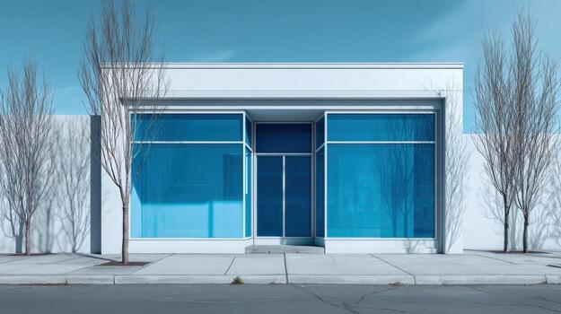 Storefront Facade with Blue Window Reflection and Bare Trees on Sunny Day Ready for Business photo