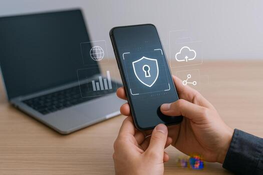 Mobile Security Concept Hands Holding Smartphone with Shield Icon, Laptop Background, Secure Data Access photo