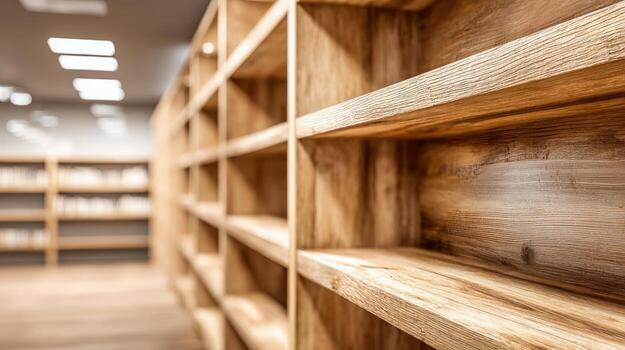 Empty Wooden Shelves in a Modern Library or Store, Providing Ample Storage Space and Display Opportunities photo