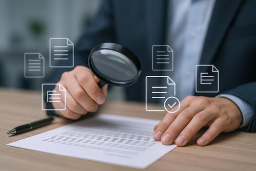 Document Review by Magnifying Glass Inspection of Contract Terms and Conditions for Accuracy photo