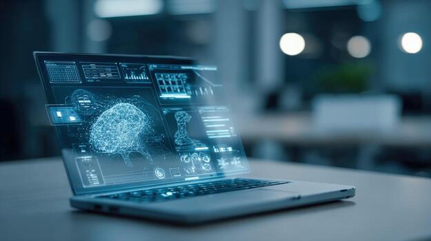 Laptop Displaying Holographic Brain Interface for Data Analysis and Artificial Intelligence Applications in Futuristic Workspace photo