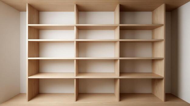 Empty Wooden Bookshelf with Clean Minimalist Design, Ideal for Interior Mockups and Product Placement photo