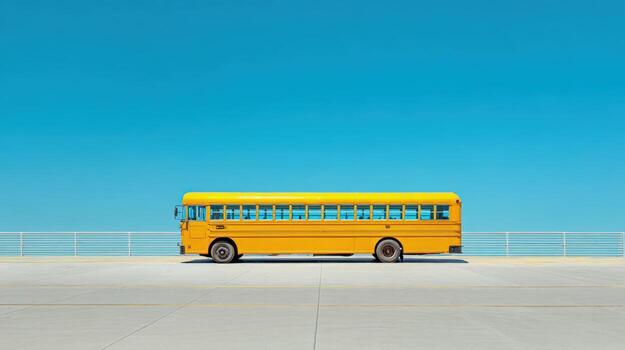 Yellow School Bus Under a Bright Blue Sky on a Concrete Surface with Guard Railing photo