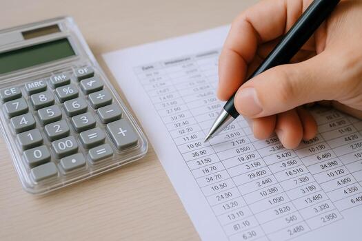 Financial Analysis Hand with Pen Reviews Spreadsheet Data Next to Calculator for Accuracy photo