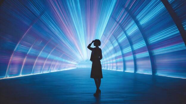 Woman Silhouette in Illuminated Tunnel Futuristic Ambience with Dynamic Light Streaks and Abstract Visuals photo
