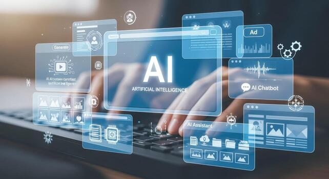 Artificial Intelligence Interface with Person Typing on Laptop Keyboard for Data Analysis and Futuristic Technology photo