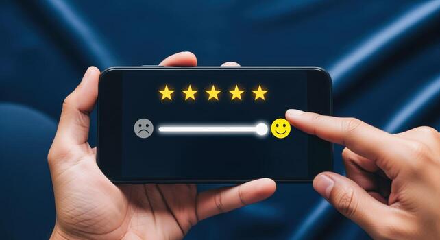 Customer Feedback on Mobile Phone with Five Star Rating and Satisfaction Indicator photo