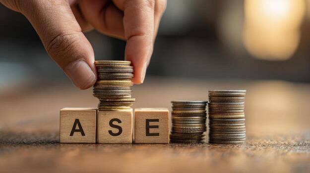 Stacking Coins on Wooden Blocks Spelling Words, Investment Strategy and Financial Management for Growth photo