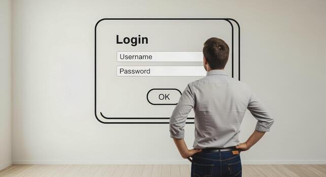 Man Contemplates Login Screen Account Access, Digital Security, and Authentication Challenges in a Minimalist Setting photo