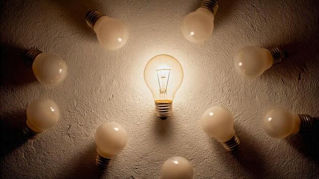 Bright Idea Illuminated Lightbulb Surrounded by Unlit Bulbs on Concrete Background Representing Innovation photo