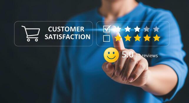 Customer Satisfaction Feedback Interface Digital Star Rating with Person Interacting, Representing Excellent Service and Positive Reviews photo