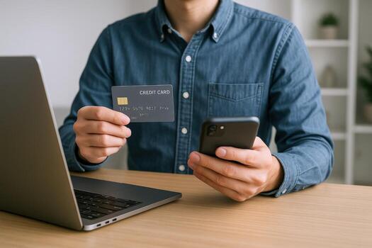 Online Shopping Man Using Credit Card and Mobile Phone for Secure Payment Transaction on Laptop photo
