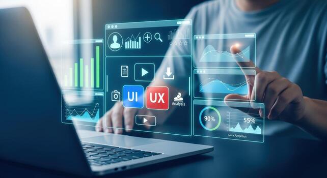 Human hand interacts with virtual screen displays Business, technology, software development, UX, UI concept photo