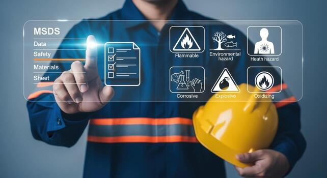 Safety professional interacting with MSDS interface displaying hazard symbols and safety protocols for workplace compliance and risk management photo