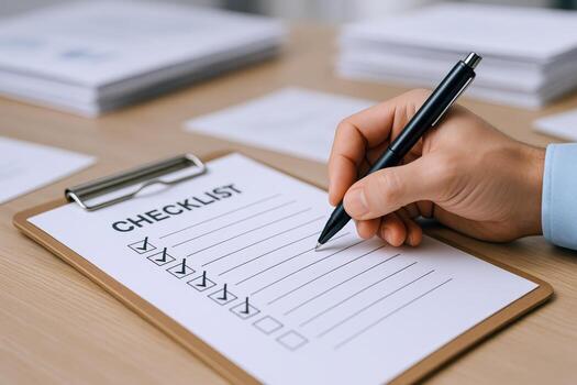 Completing Checklist with Pen on Clipboard for Project Management and Task Completion in Office Setting photo