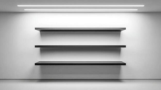 Three Floating Shelves on a White Wall with Modern Lighting for Product Display photo