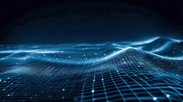 Abstract dark blue grid with glowing dots, representing digital data, technology and connection photo