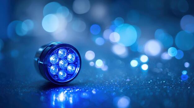Macro Shot of a Powerful Blue LED Light, Close-up of Futuristic Lighting Device with Bokeh Effect photo