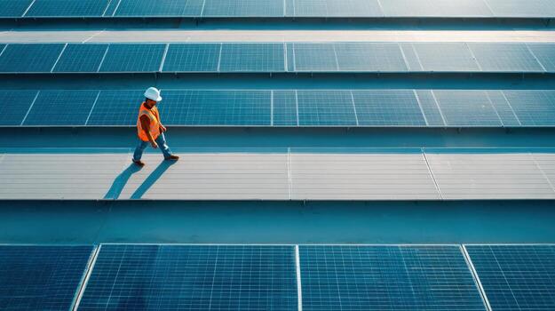 ingeniero inspeccionando solar paneles formación en techo parte superior para energía eficiencia y sostenible futuro foto