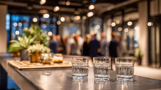 Glasses of water on a bar with blurred figures in the background at an event photo