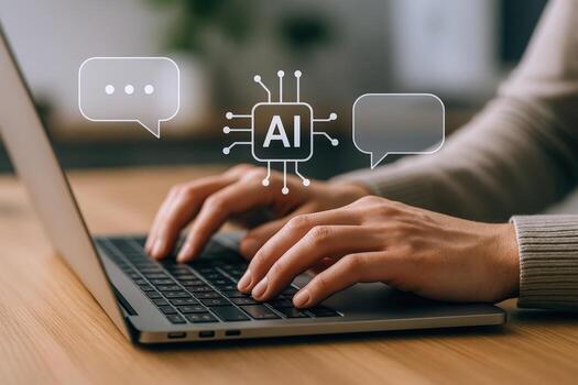 AI-Powered Communication Close-up of Hands Typing on Laptop with AI Chatbot Interface for Enhanced Productivity photo