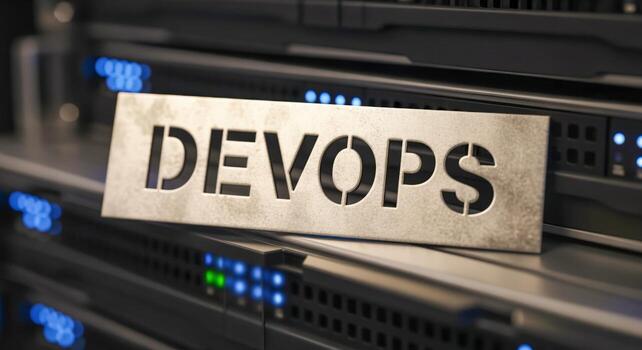 Server Room with System Hardware and Sign Focused on Information Technology and Data Management Solutions photo