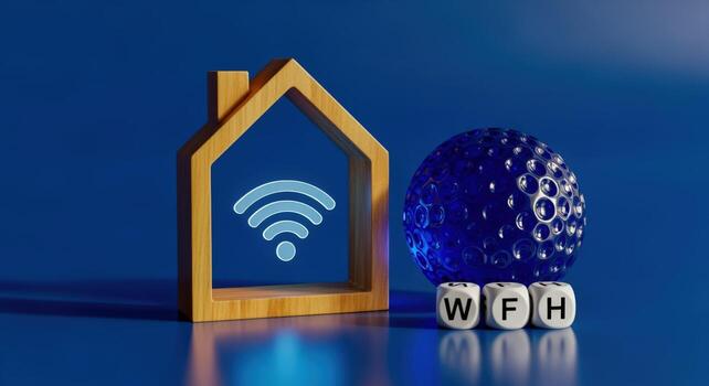 Work from Home Concept with Wooden House, WiFi Symbol, and Global Network on Blue Background photo