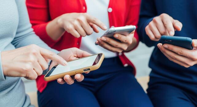 Close-up of three people using smartphones, showcasing mobile technology, communication, and modern lifestyle with connectivity photo